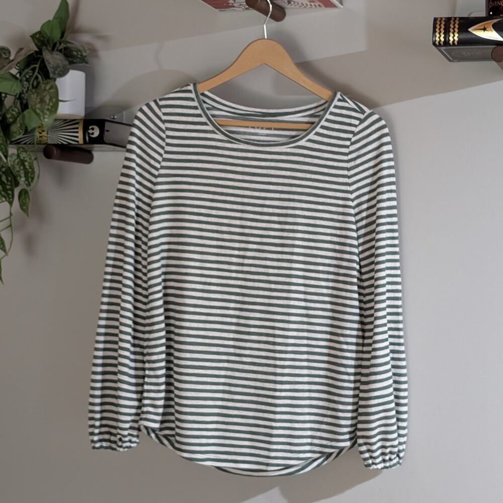 LOFT Green White Striped Long Sleeve Knit Long Sleeve Top Curved Hem - Size S